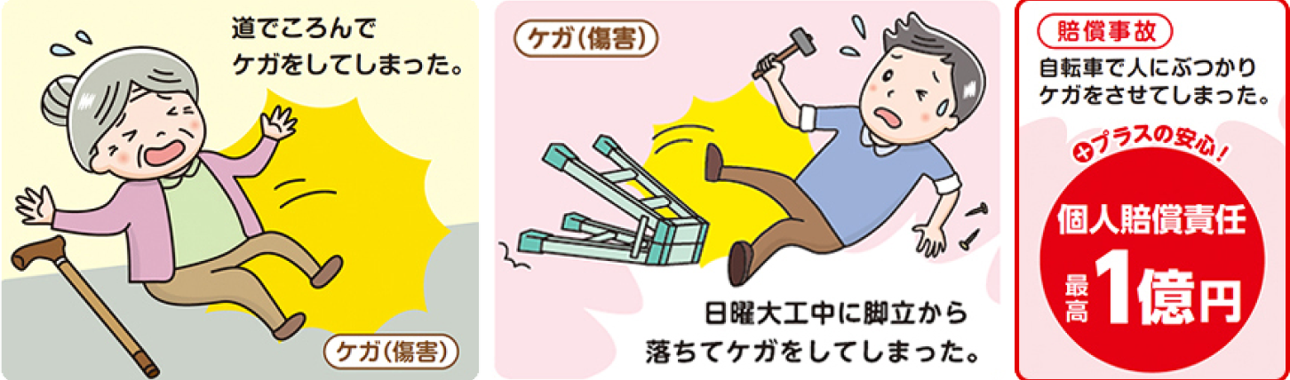 ケガによる入院・通院、賠償責任をサポートする、全ての年齢の方がご加入いただける保険です。